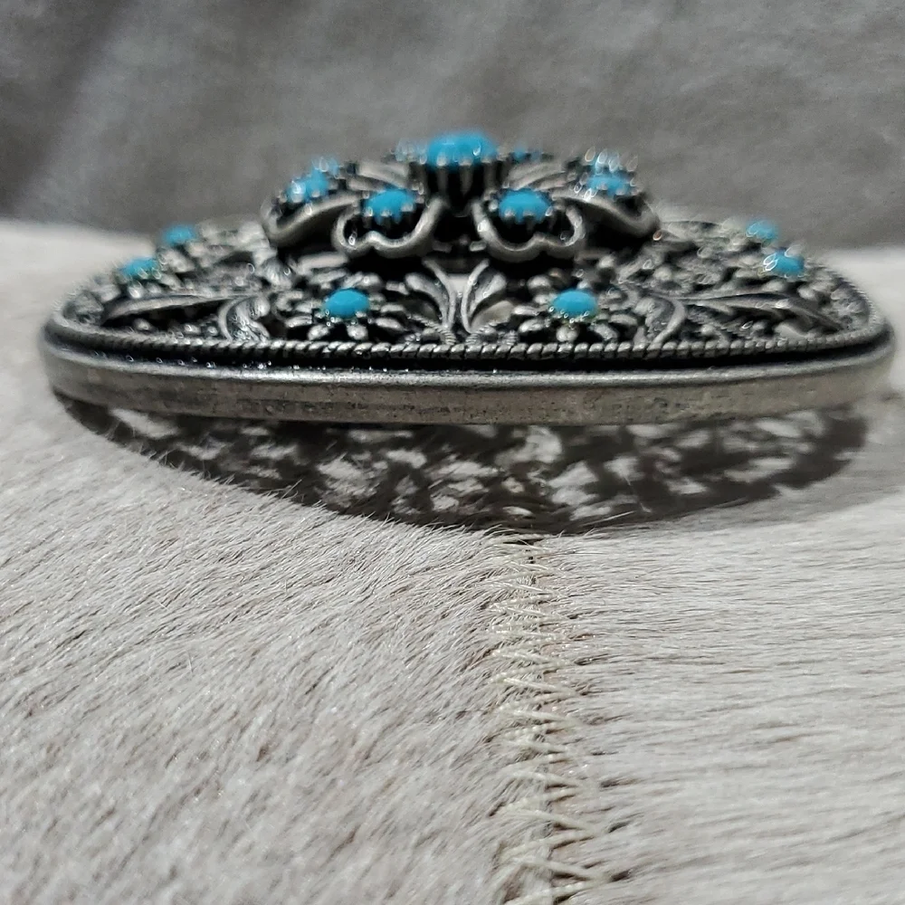 Western Silver and Turquoise Ornate Belt Buckle Rodeo Cowgirl Country Thunder